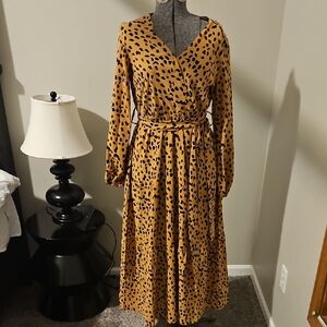 Leopard Print Belted Wrap Midi Dress